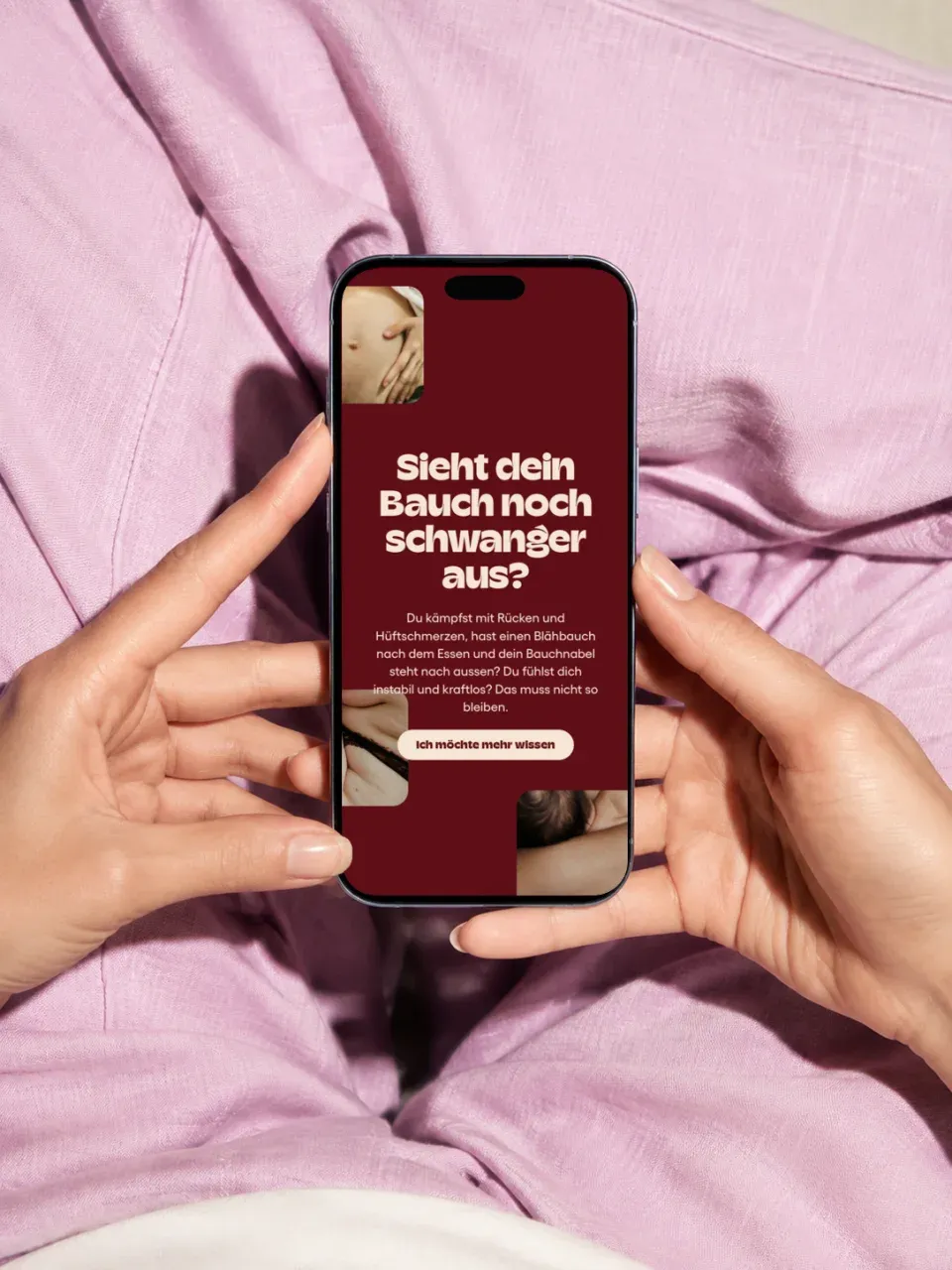 Zwei Hände halten ein Smartphone mit der somemoms-Startseite: Sieht dein Bauch noch schwanger aus?